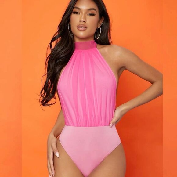 Barbiecore Ballet Pink Mock Neck Bow Tie Backless Mesh Sleeveless Bodysuit - Picture 6 of 13